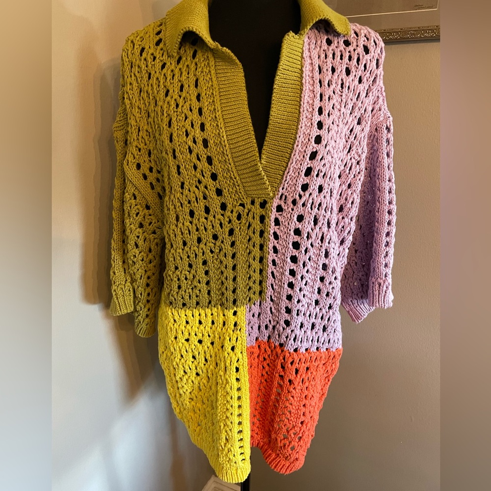 ZARA oversized knit polo sweater shirt color block crotchet rare sold out - Picture 3 of 14